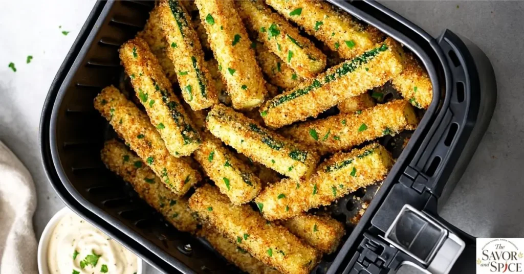 Air Fryer Zucchini Fries  with parmesan cheese cooked inside air fryer.