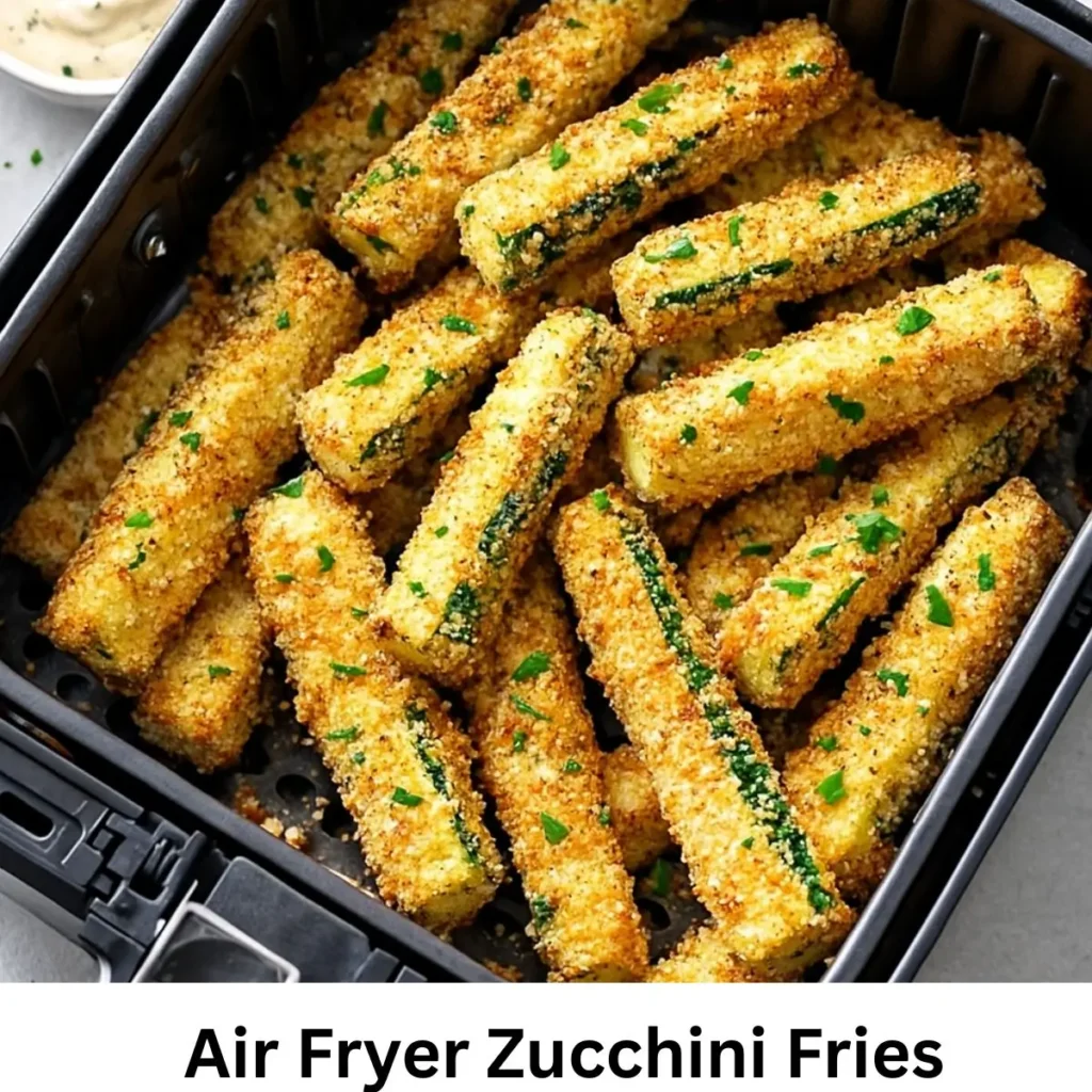 Crispy Air Fryer zucchini fries cooking in an air fryer with grated Parmesan.
