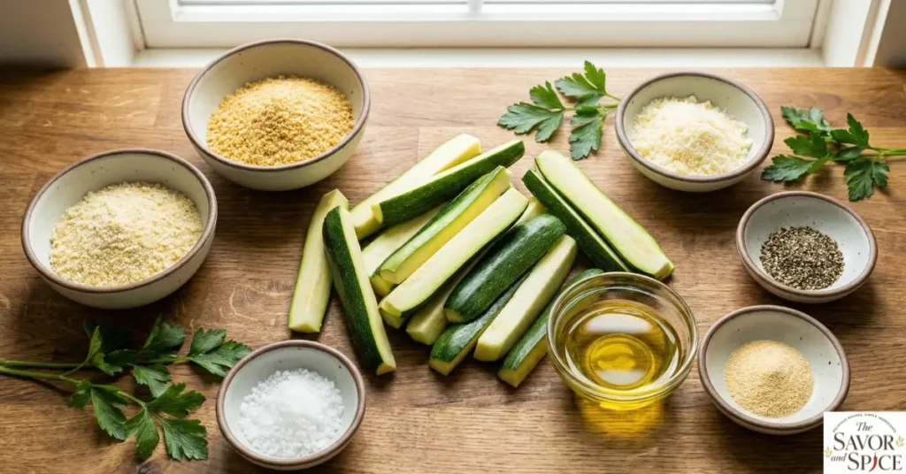 Whole fresh zucchinis with olive oil, breadcrumbs, parmesan cheese, and seasonings arranged on a wooden countertop, ready for making crispy air fryer zucchini fries.