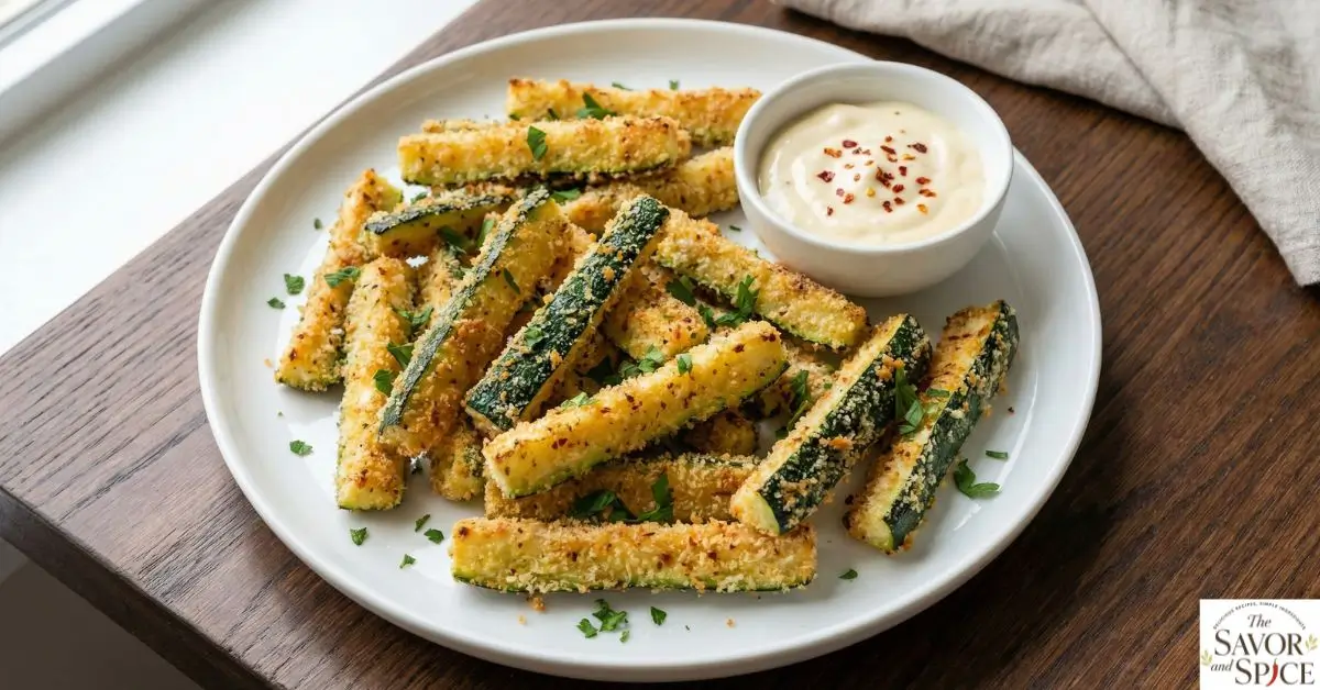 Crispy air fryer zucchini fries on a white plate with parmesan coating and dipping sauce, photographed in bright overhead lighting.