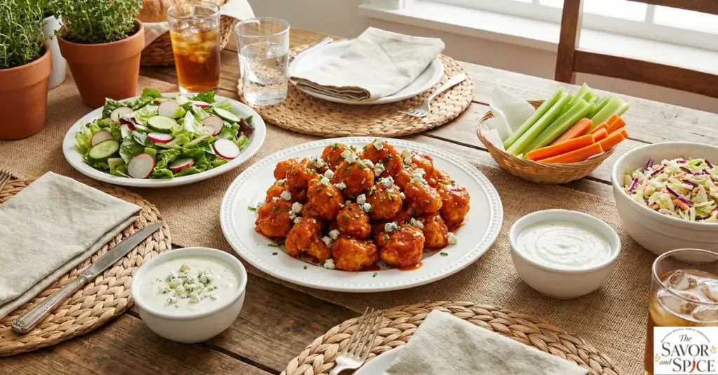 Air fryer buffalo cauliflower bites served on a plate with salad and dipping sauces on a dining table.