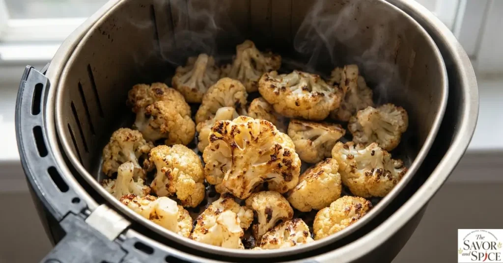 Crispy cauliflower florets cooking in an air fryer for vegan buffalo bites.