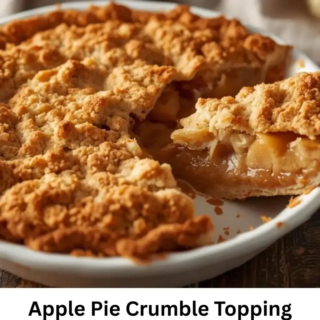 Homemade apple pie crumble topping with golden brown streusel and baked apples.