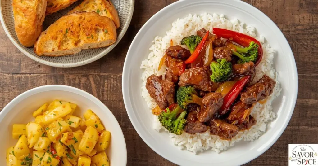 Beef Stir Fry with Broccoli & Bell Peppers served over rice with side dishes.