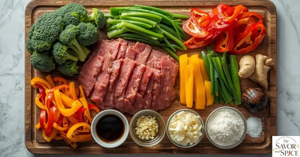 Ingredients required for Beef Stir Fry with Broccoli and Bell Peppers.
