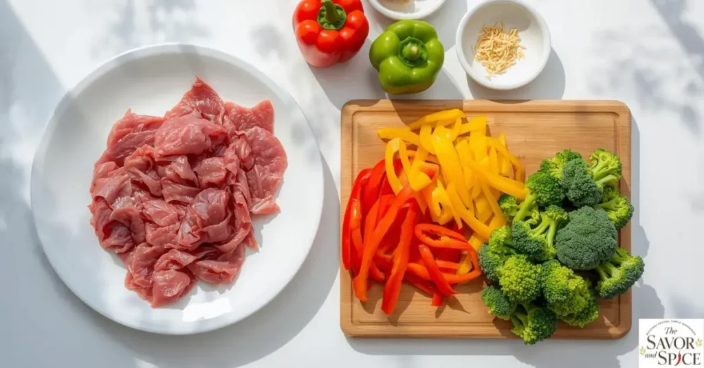Preparing ingredients for Beef Stir Fry recipe with broccoli and bell peppers.