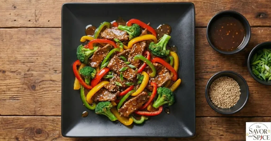 Beef Stir Fry with Broccoli and Bell Peppers in black plate with sauce.