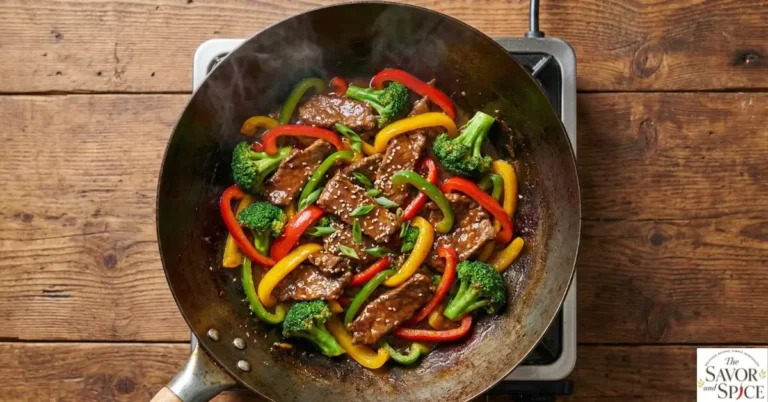 Beef Stir Fry with Broccoli and Bell Peppers in wok.