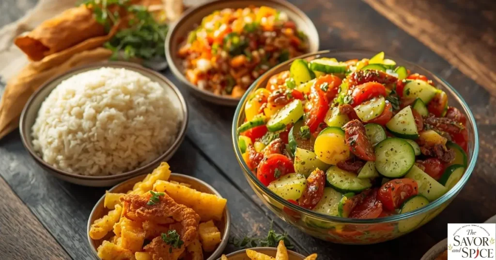 Cucumber Tomato Salad served with garlic rice, vegetable fried rice, and side dishes.
