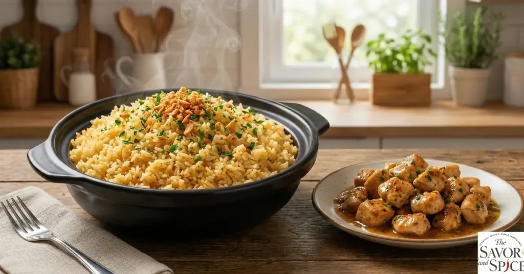 Easy Garlic Rice Recipe served in a black bowl with garlic butter chicken, garnished with parsley.