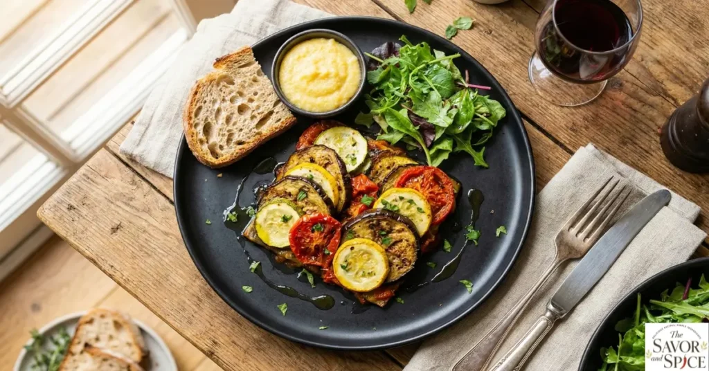 Serving suggestion of easy homemade ratatouille recipe on a black plate with other dishes on a rustic wooden table.