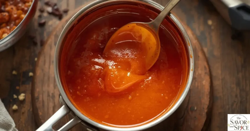 Glossy buffalo sauce being prepared in a small saucepan for air fryer cauliflower bites.