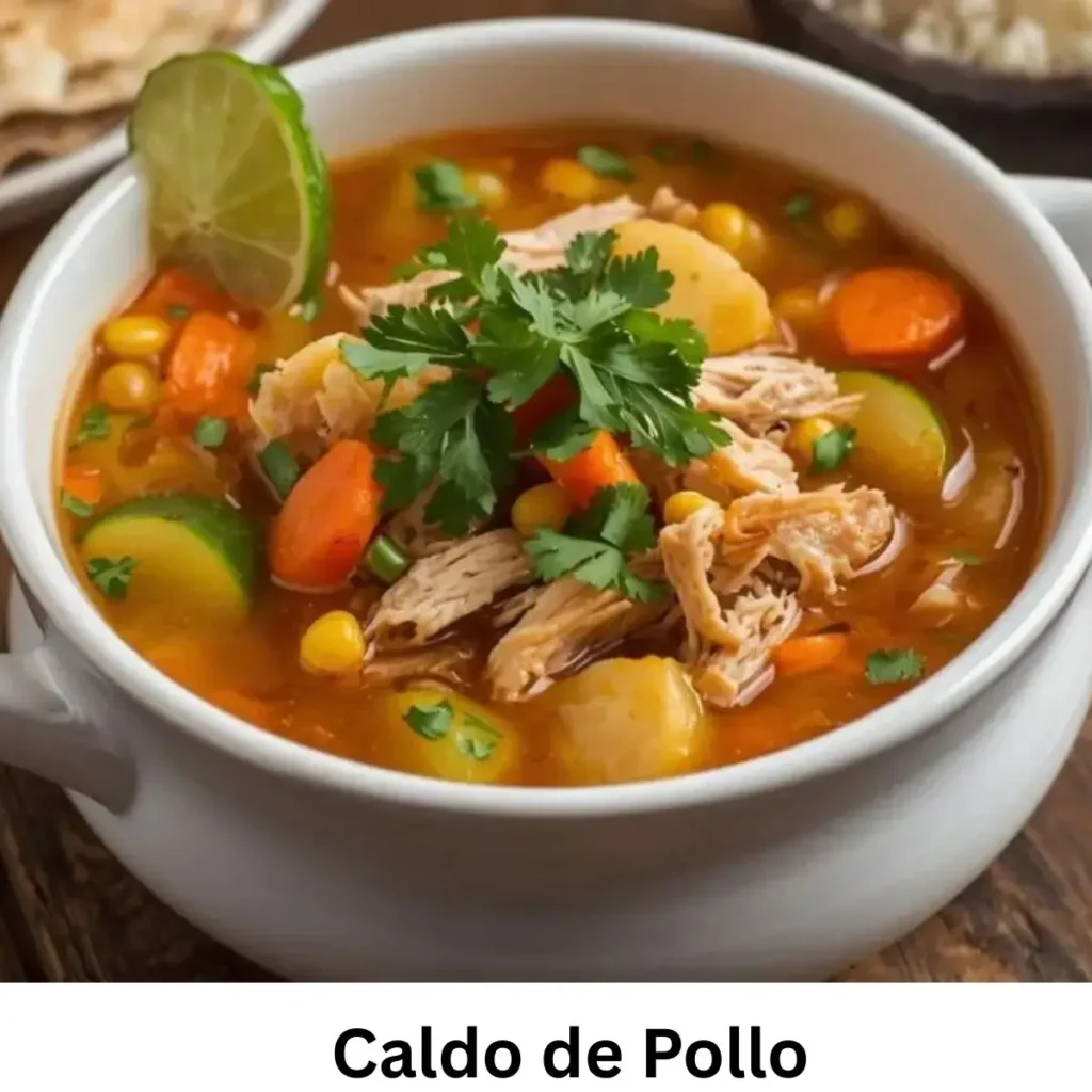 Warm and hearty bowl of homemade Caldo de Pollo with vegetables and chicken.