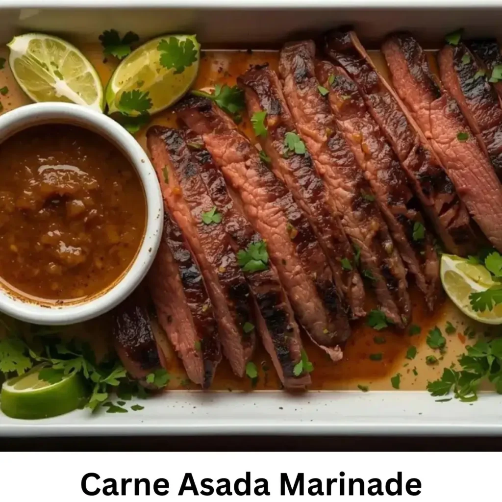 Homemade carne asada with carne asada marinade - with fresh herbs and spices in a dish.