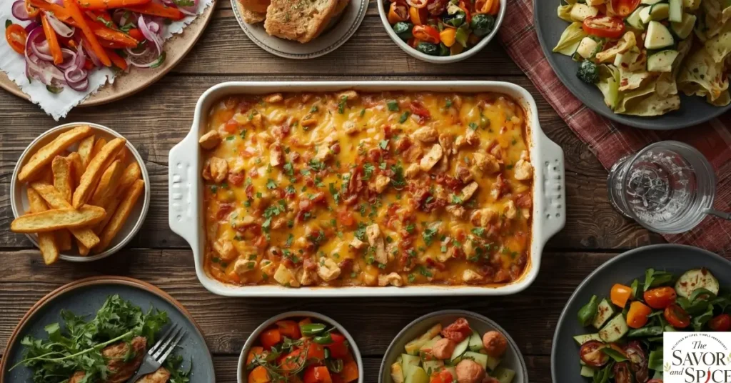 Cheesy Chicken Bacon Ranch Casserole served along other dishes.
