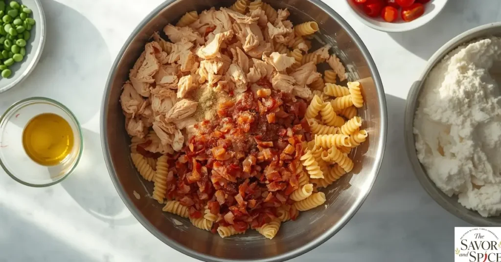 Combine Chicken, Bacon, and Base to make creamy chicken bacon ranch casserole.