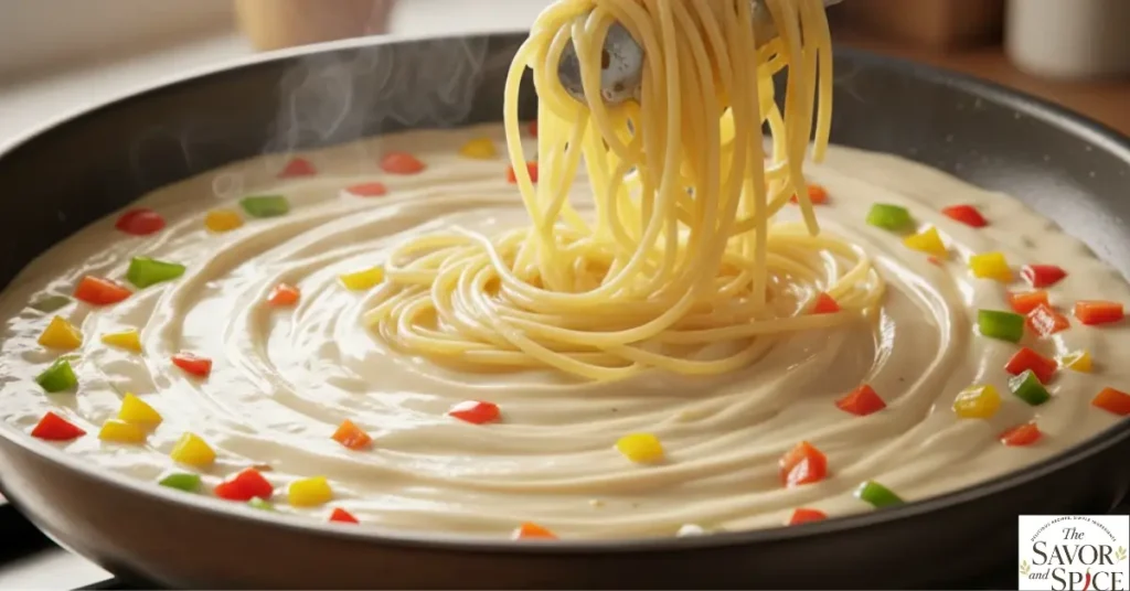 Combine white sauce and cooked pasta.