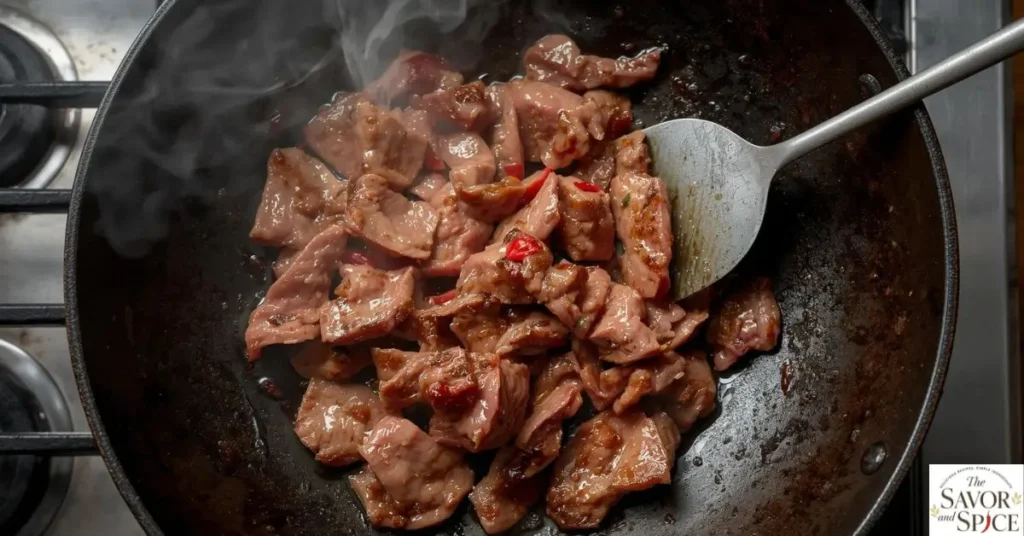 Cooking beef in wok for Quick Beef Stir Fry recipe.