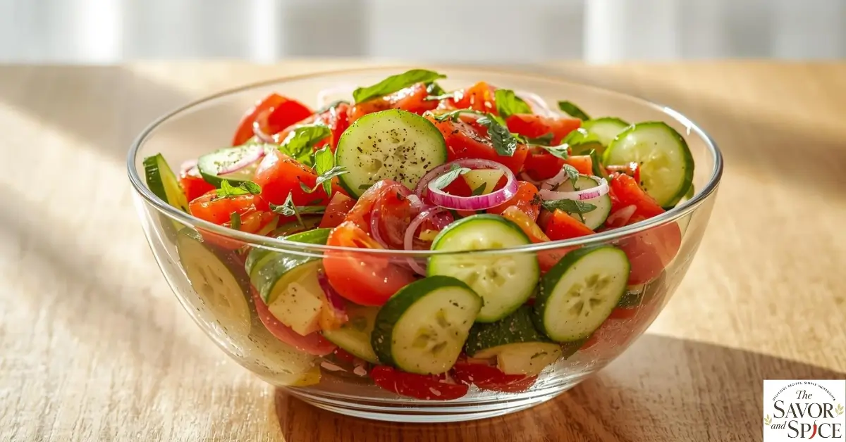Cucumber Tomato Salad Recipe in a large glass bowl with black pepper.