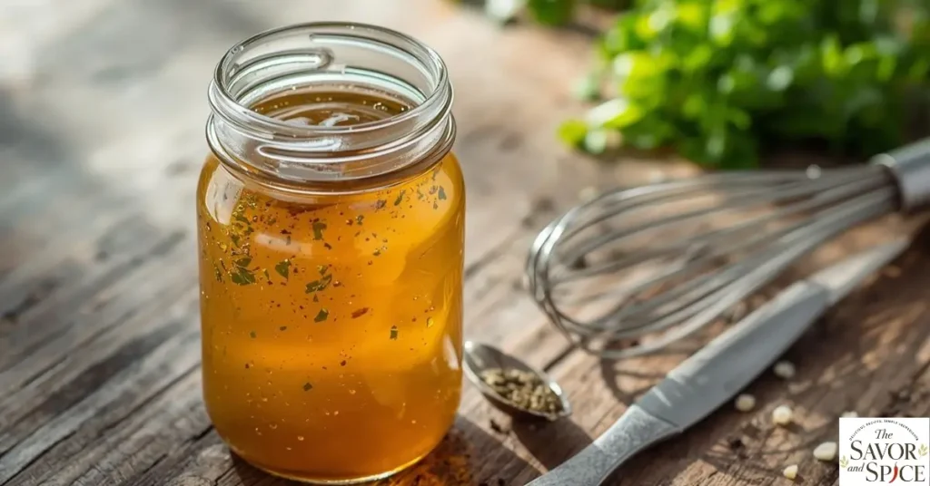 Cucumber Tomato Salad Dressing in a clear glass jar with fresh herbs.
