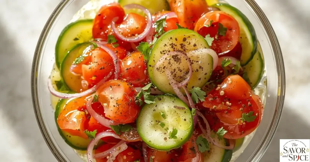 Easy cucumber Tomato Salad served  in a large glass bowl with black pepper and salt.