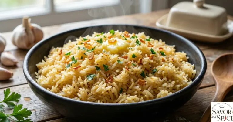 Easy Garlic Rice Recipe in a large black bowl, fluffy golden rice garnished with parsley, buttery and aromatic homemade side dish.