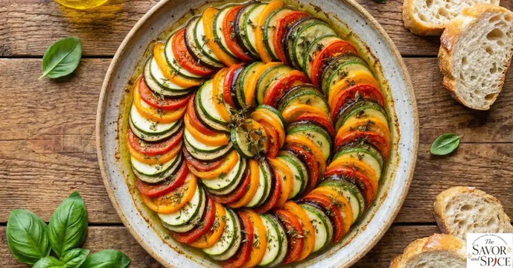 Easy homemade ratatouille recipe with baked zucchini, eggplant, and bell peppers in a ceramic dish.
