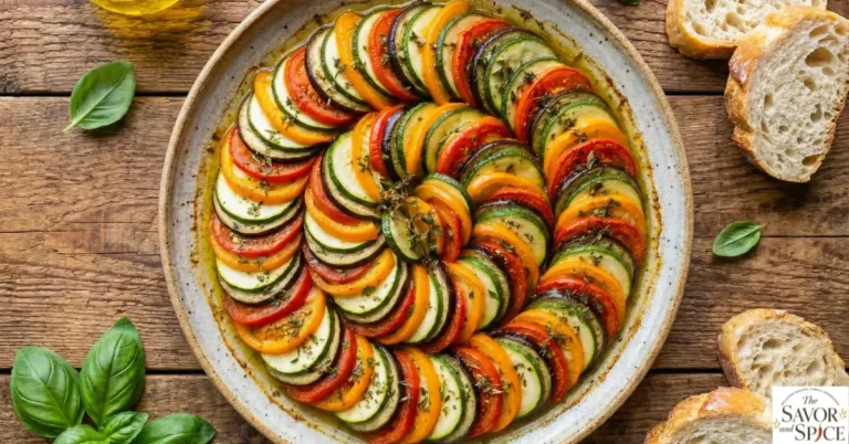 Easy homemade ratatouille recipe with baked zucchini, eggplant, and bell peppers in a ceramic dish.