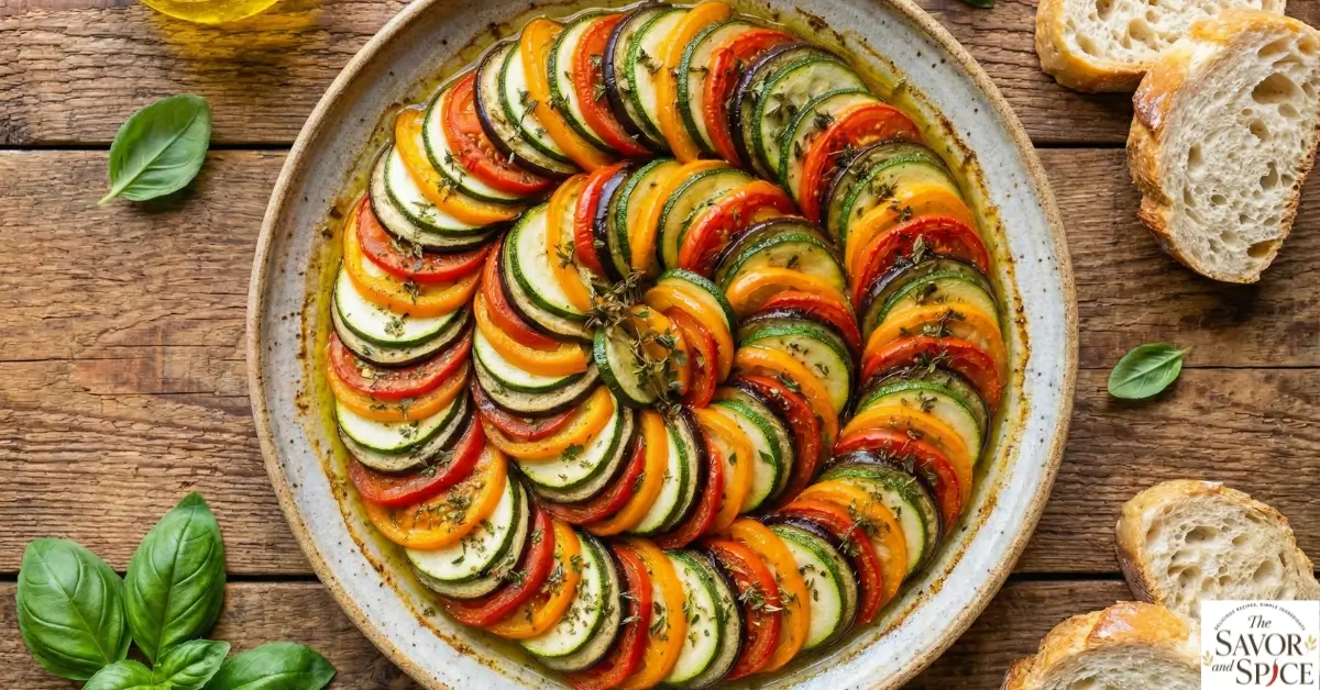 Easy homemade ratatouille recipe with baked zucchini, eggplant, and bell peppers in a ceramic dish.