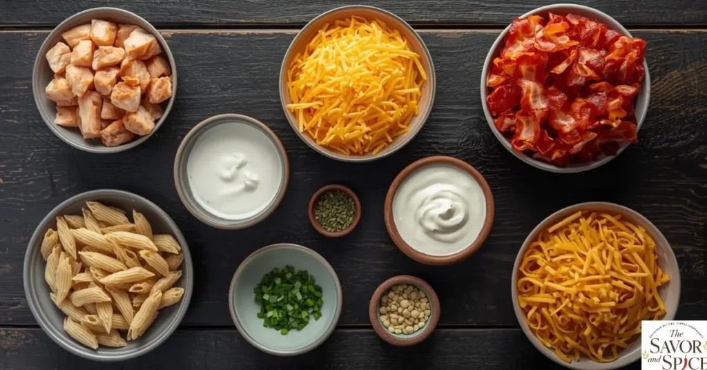 Ingredients required to make an easy chicken bacon ranch casserole.