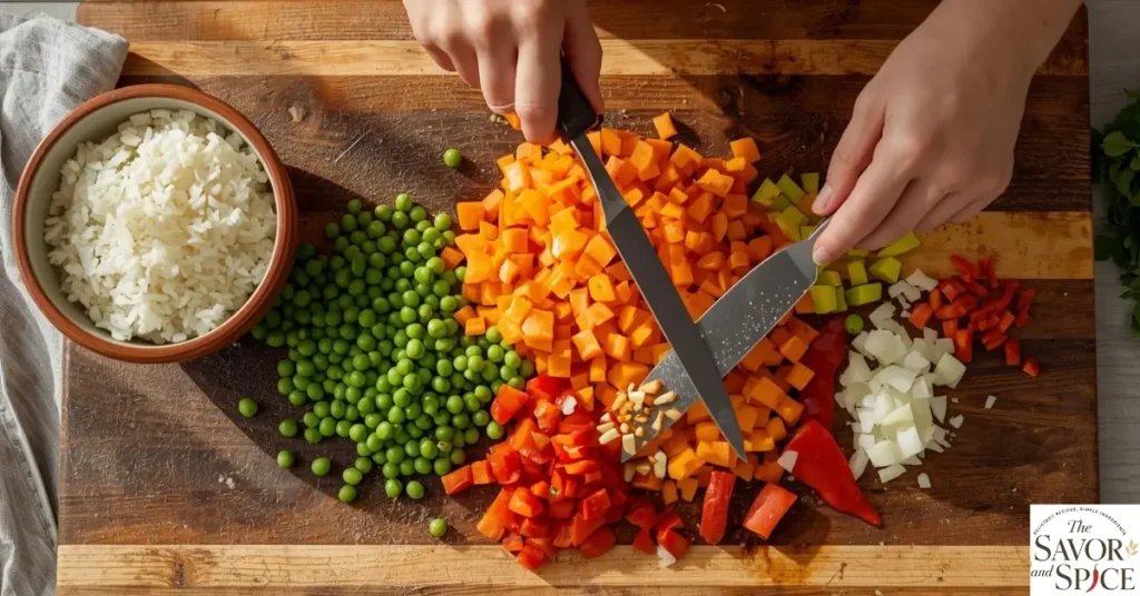 Chopped carrots, peas, bell peppers, onions, and garlic on a cutting board with a bowl of cooked rice, prepared for making easy vegetable fried rice.