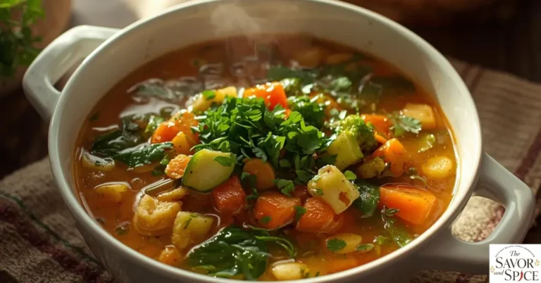 Easy vegetable soup recipe with carrots, broccoli, zucchini, and leafy greens.