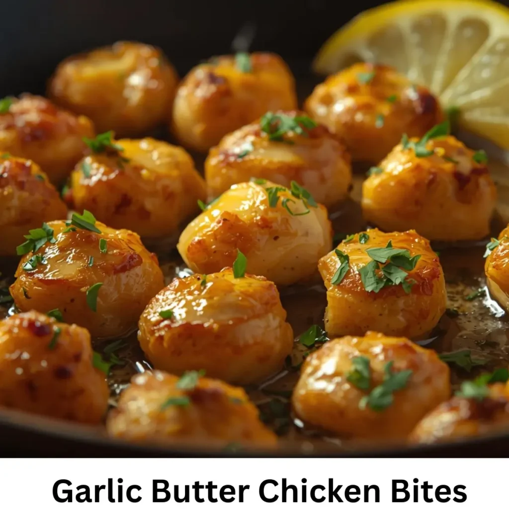 Crispy garlic butter chicken bites garnished with herbs on a serving plate.