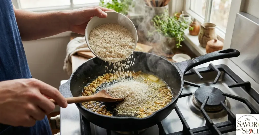 Adding long-grain rice to sautéed garlic and butter in a pan for the Garlic Rice Recipe.