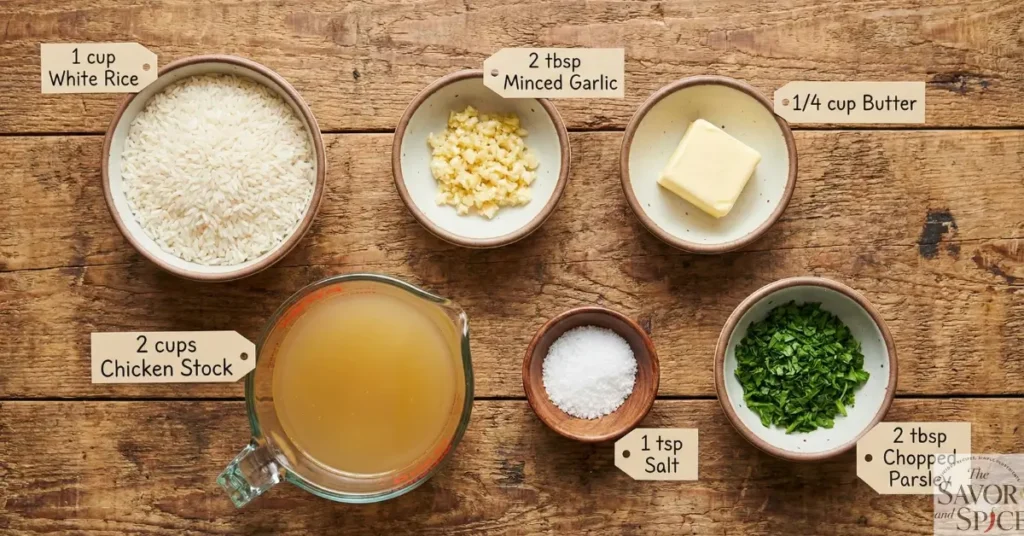 Ingredients for Quick Garlic Rice Recipe displayed in bowls and measuring cups on a rustic wooden table.