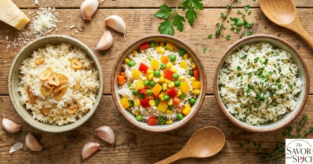 Garlic Rice Recipe variations including vegetable garlic rice, garlic parmesan rice, and herbed garlic rice in small bowls.