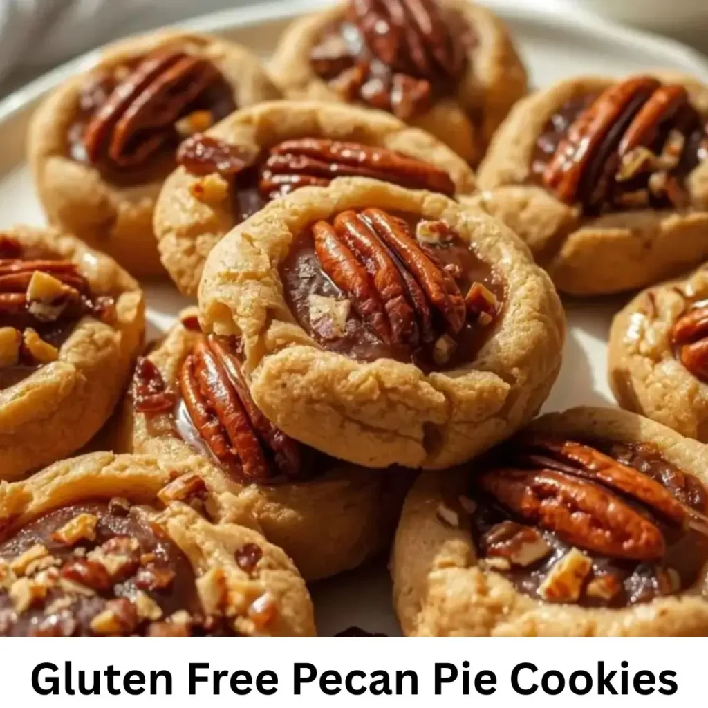 Gluten-free pecan pie cookies with golden edges and crunchy pecan topping.