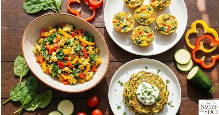 Healthy vegetable breakfast ideas with mini veggie frittata muffins, zucchini pancakes, and quick vegetable scramble on a dark brown table.