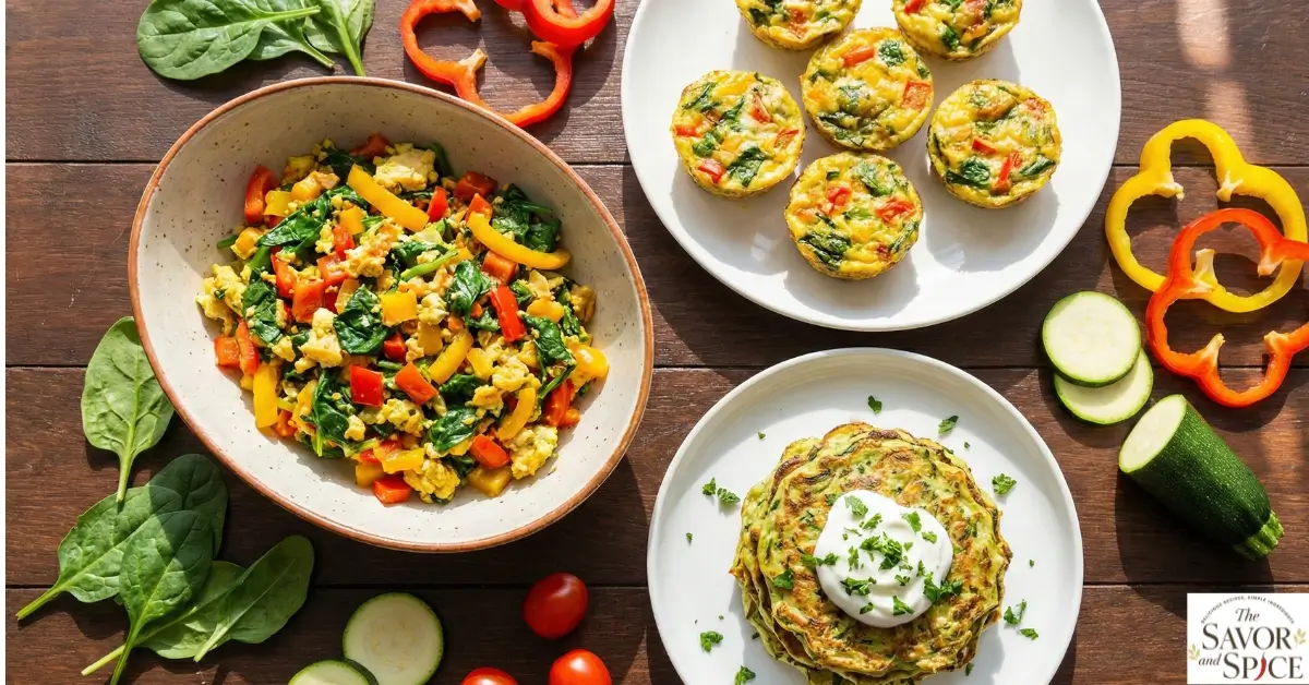 Healthy vegetable breakfast ideas with mini veggie frittata muffins, zucchini pancakes, and quick vegetable scramble on a dark brown table.