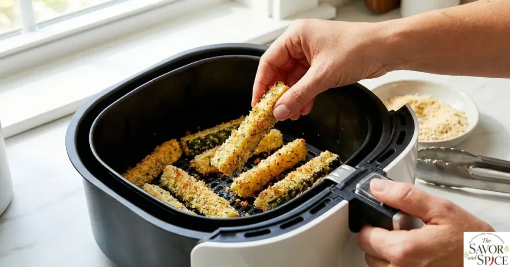 Coated zucchini sticks arranged in a preheated air fryer basket, ready to cook crispy air fryer zucchini fries, healthy vegetable snack, easy homemade recipe.