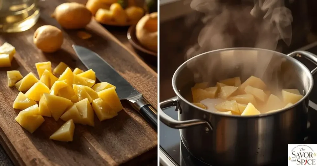 Step 1 collage of peeled yellow potatoes being diced and then boiled for Yellow Potato Salad.
