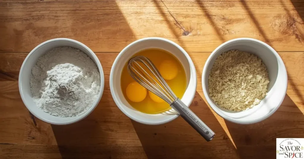 Three bowls on a wooden countertop with flour, beaten eggs, and a breadcrumb-parmesan mixture, set up for coating zucchini sticks to make crispy air fryer zucchini fries.