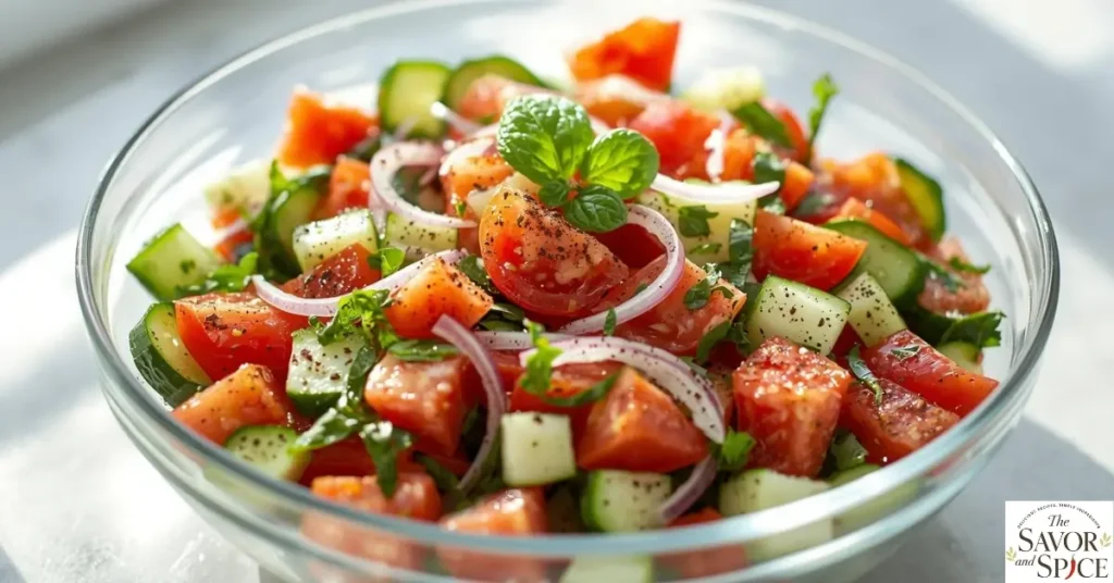 Healthy cucumber salad with tomatoes, red onions, and fresh herbs in a clear glass bowl.