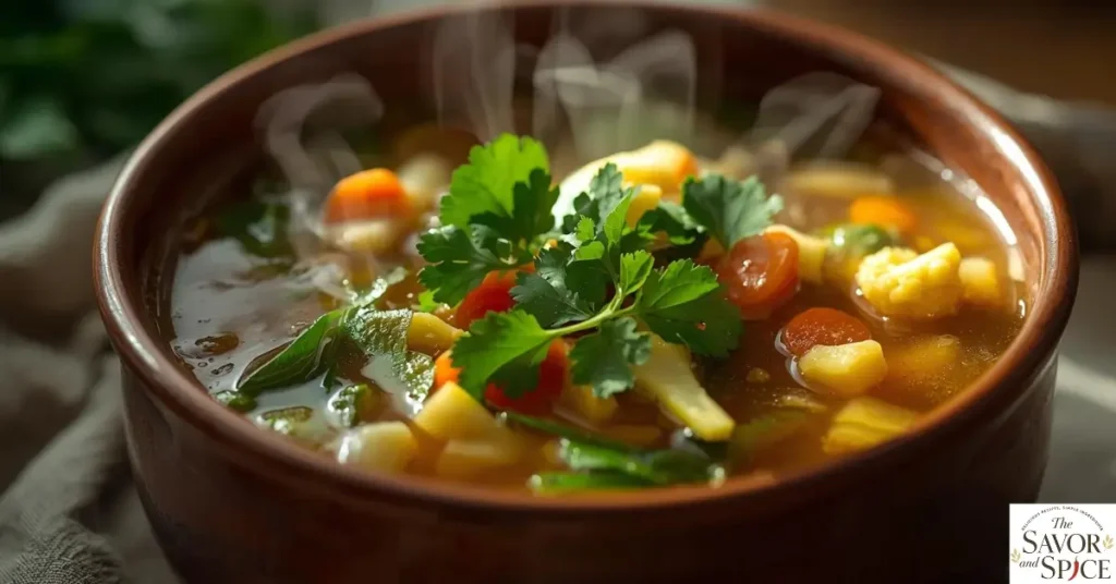 Homemade vegetable soup garnished with cilantro and spinach served hot in a bowl.