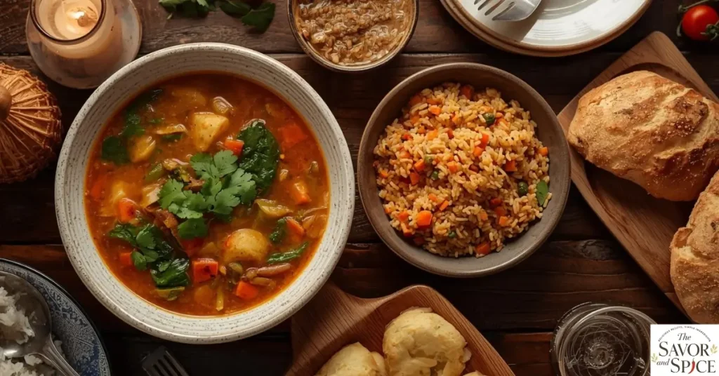 Homemade vegetable soup served with garlic rice, vegetable fried rice, and herb and cheese bread.