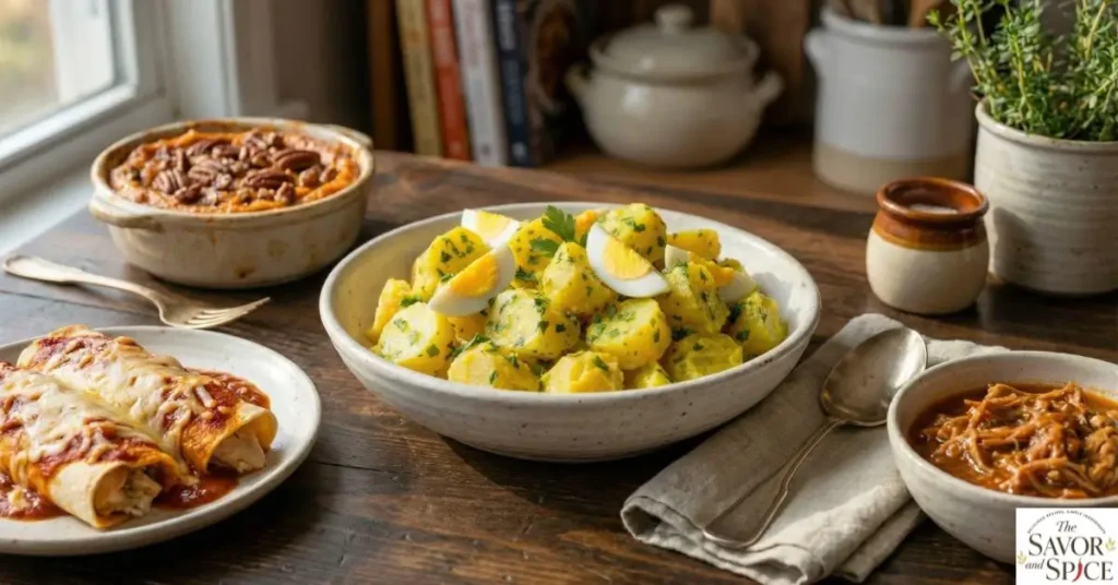 Healthy Peruvian  Potato Salad served with Sweet Potato Soufflé, Chicken Enchiladas, and Pulled Pork Crockpot as a complete healthy meal.