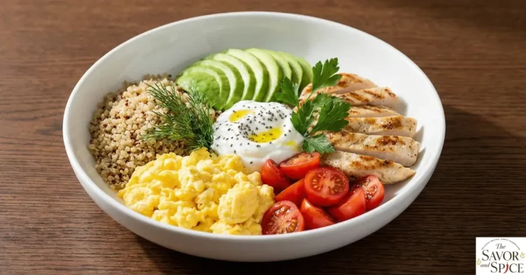 High-Protein Breakfast Bowl with eggs, quinoa, avocado, chicken, cherry tomatoes in a white bowl on a dark wooden table.