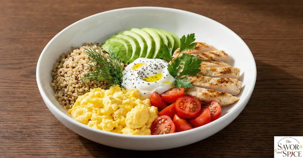 High-Protein Breakfast Bowl with eggs, quinoa, avocado, chicken, cherry tomatoes in a white bowl on a dark wooden table.