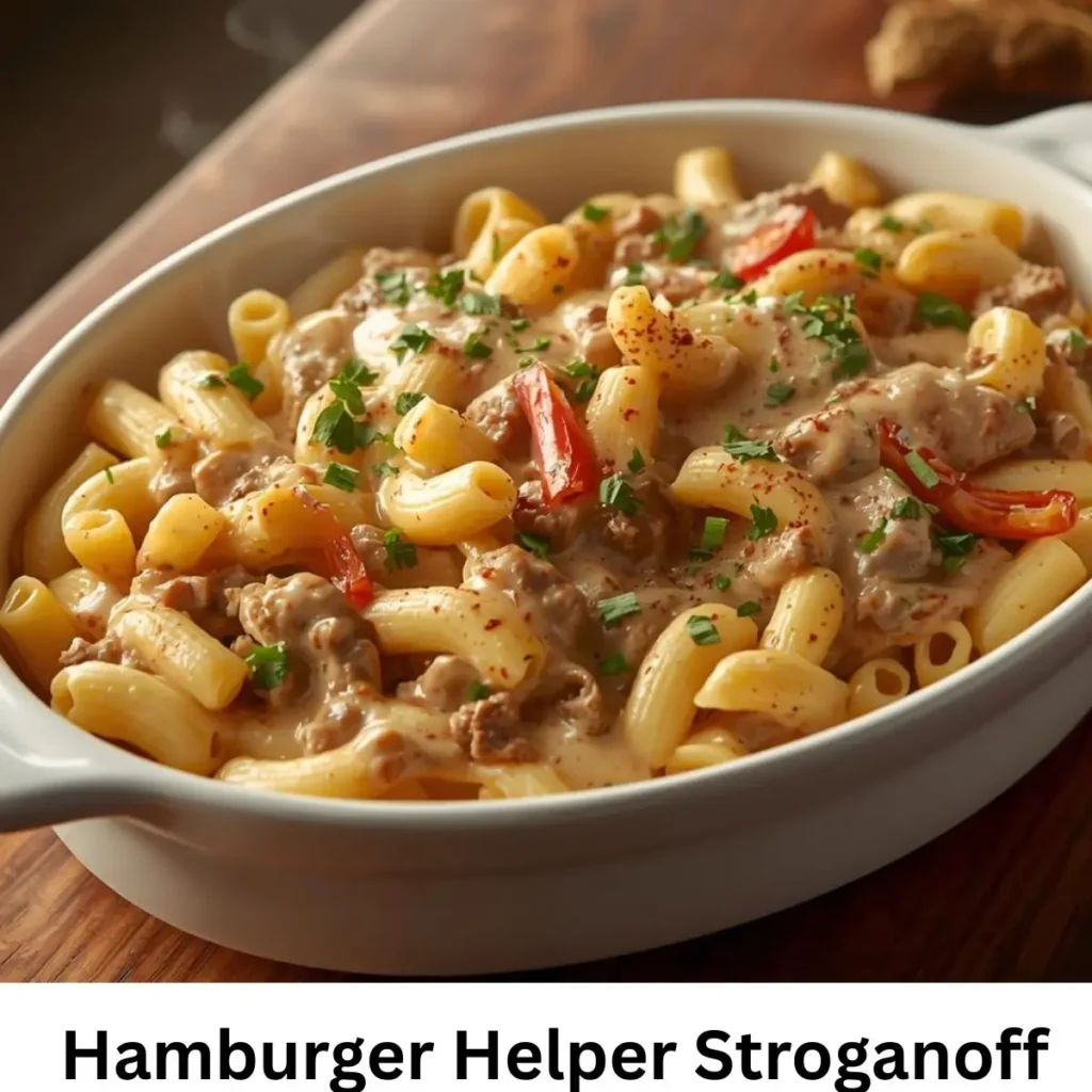 Creamy homemade Hamburger Helper Stroganoff with ground beef and pasta in a dish.