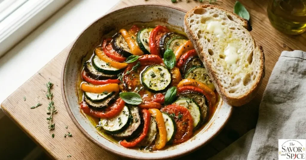 Easy homemade ratatouille recipe in a rustic bowl with baked zucchini, eggplant, and bell peppers, served with crusty bread.